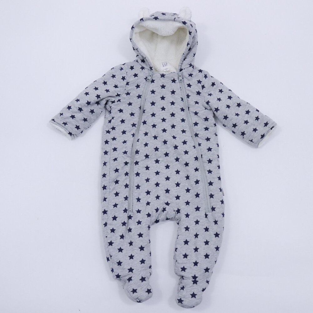 Baby Gap Bunting Coverall Boys 6-12M Gray Blue Stars Hooded Ears Fooded
